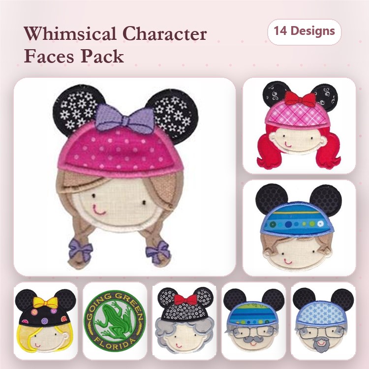 Applique Whimsical Character Faces Embroidery Designs Bundle – Girl with Pink Polka Dot Hat, Boy with Blue Hat & More (14 Designs)