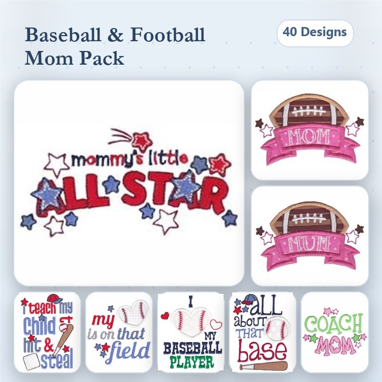 Baseball & Football Themed Embroidery Designs Bundle – Mommy's Little All Star, Coach Mom, My Child is on that Field & More (40 Designs)