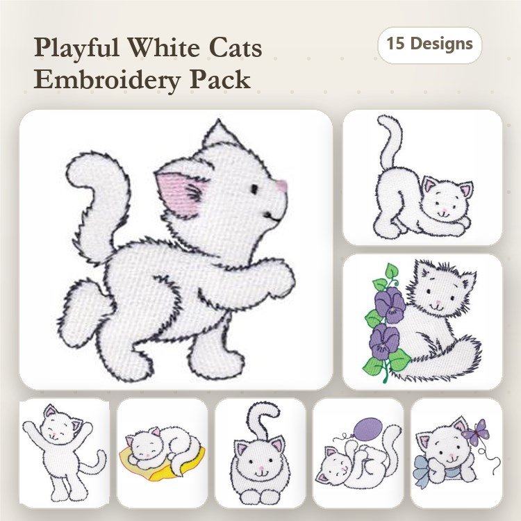 White Cat Embroidery Designs Bundle – Running, Sitting, Playing with Yarn & More (15 Designs)