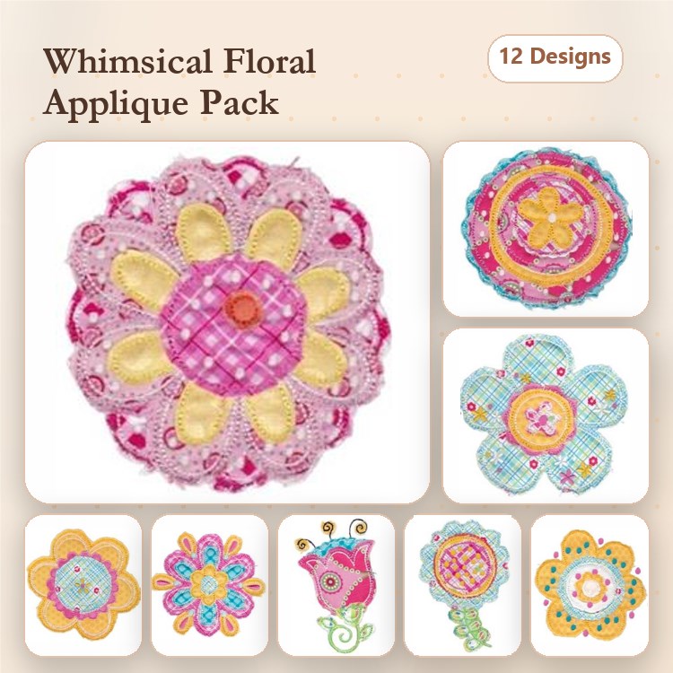 Applique Floral Embroidery Designs Bundle – Colorful Flower, Pink and Yellow Flower, Turquoise Flower & More (12 Designs)