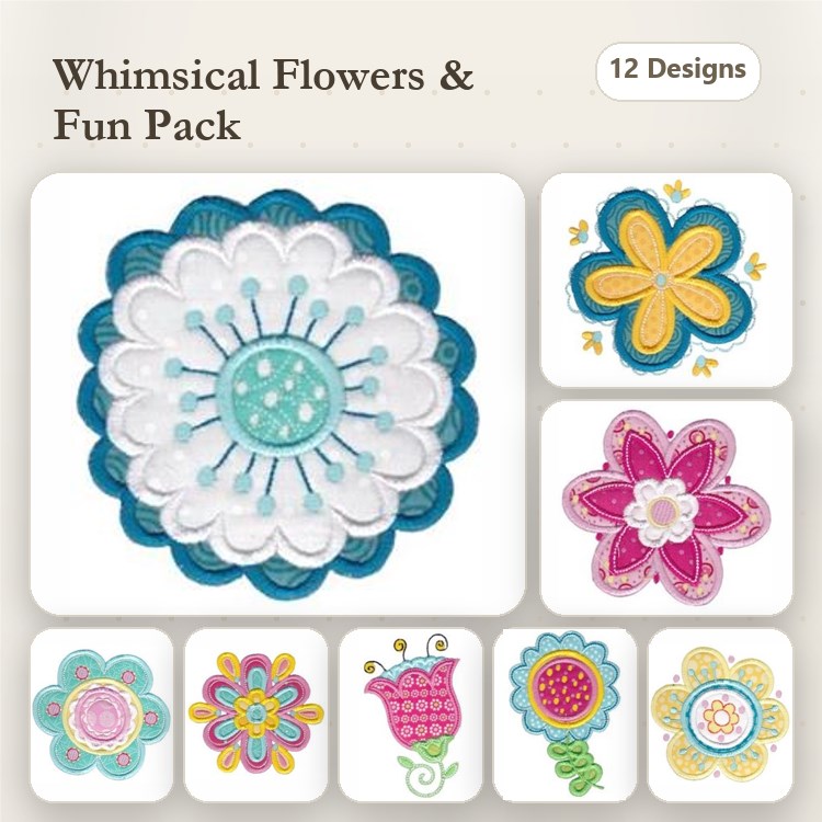 Applique Whimsical Flower Embroidery Bundle – Teal Flower, Yellow Flower, Pink Flower & More (12 Designs)