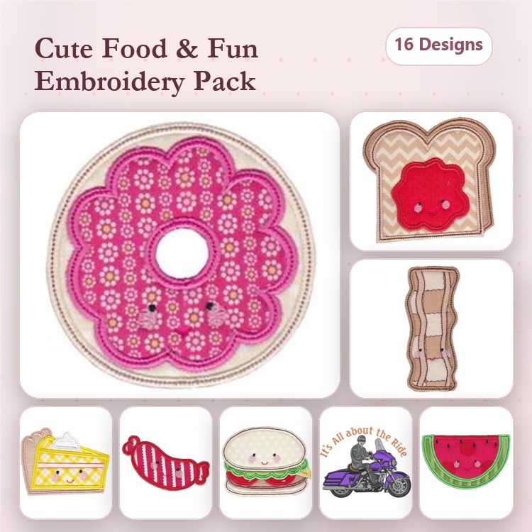 Applique Food-themed Embroidery Designs Bundle – Donut with Flowers, Cake Slice, Ice Cream Cone & More (16 Designs)