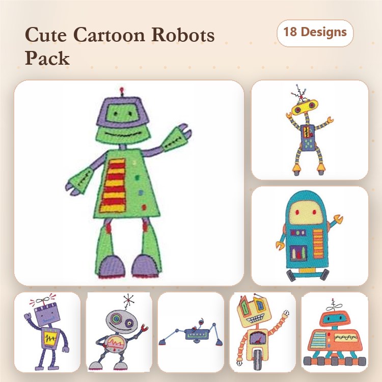 Cartoon Robots Embroidery Designs Bundle – Green Robot, Yellow Robot, Blue Robot & More (18 Designs)