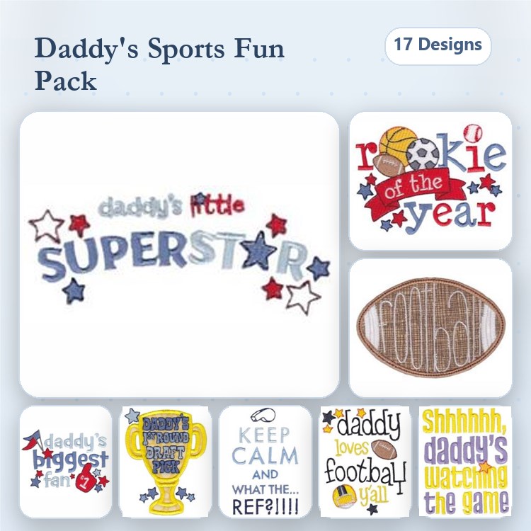 Sports-Themed Phrases for Dads Embroidery Designs Bundle – Daddy's Little Superstar, Rookie of the Year, Trophy & More (17 Designs)