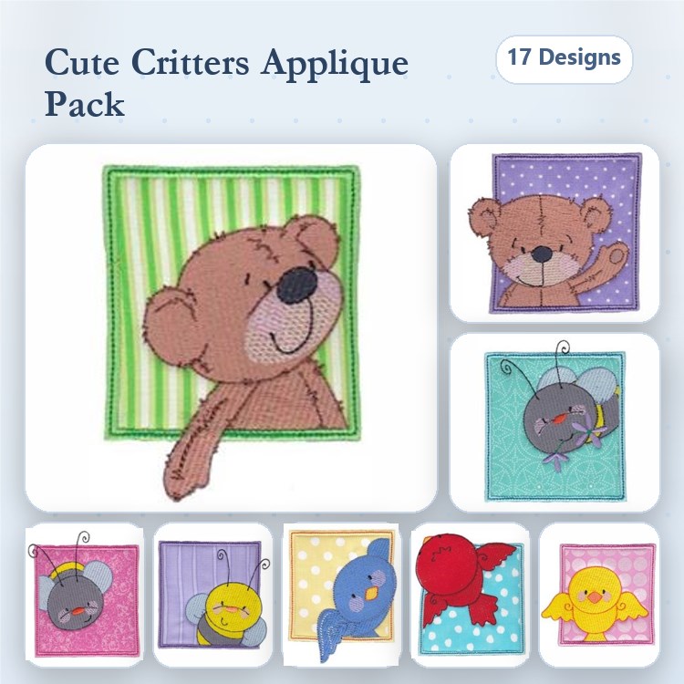 Applique Cute Critter Characters Embroidery Bundle – Brown Bear, Yellow Bird, Red Fish & More (17 Designs)
