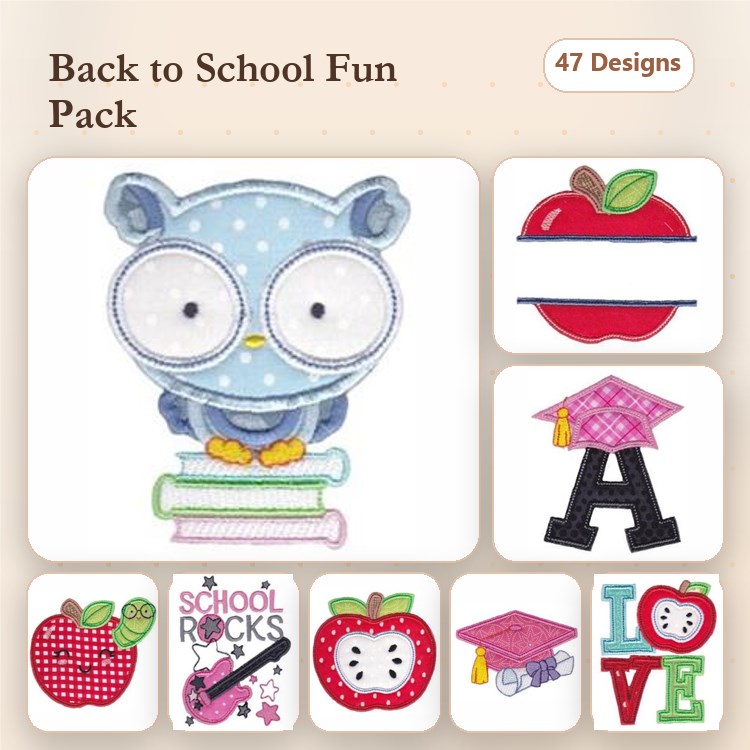 Back to School Embroidery Designs Bundle – Owl with Glasses, Apple, Graduation Cap & More (47 Designs)