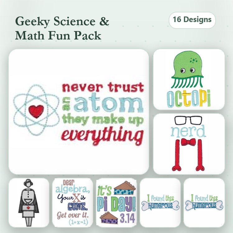 Science & Math Embroidery Designs Bundle – Atomic Heart, Octopus, Nerdy Glasses & More (16 Designs)