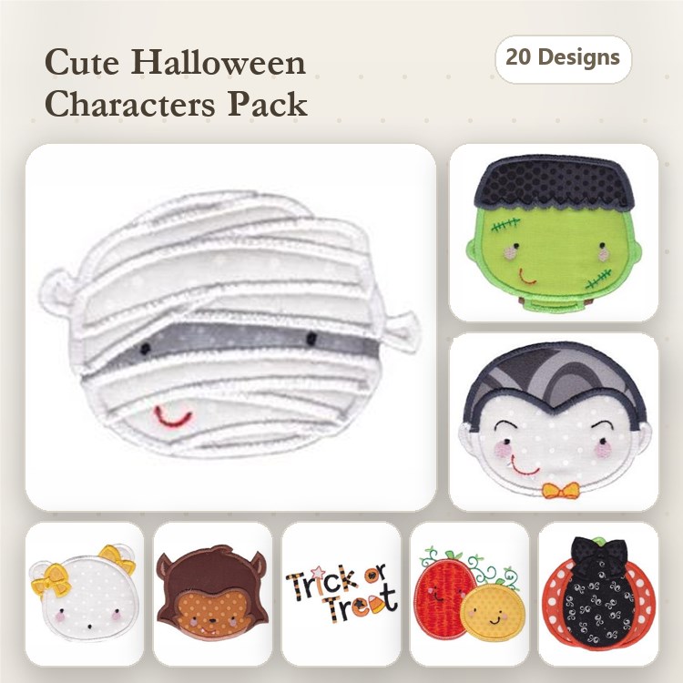 ITH Cute Halloween Characters Embroidery Bundle – Mummy Face, Frankenstein Face, Vampire Face & More (20 Designs)