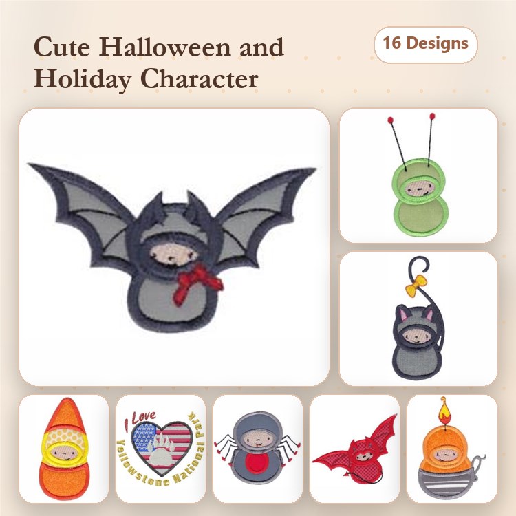 Applique Halloween Characters Embroidery Designs Bundle – Bat, Black Cat, Green Alien & More (16 Designs)