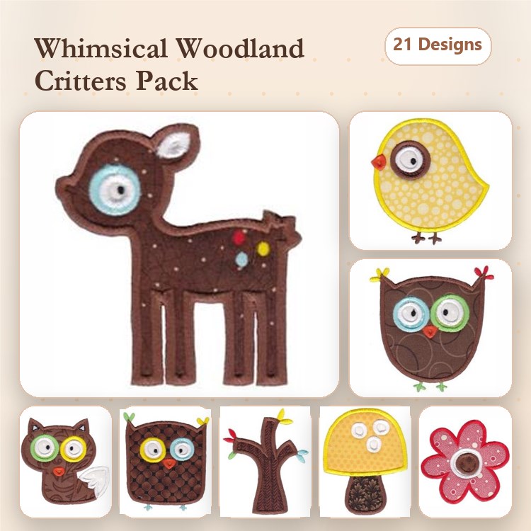 Applique Woodland Critters Embroidery Bundle – Deer, Chick, Owl, Tree & More (21 Designs)