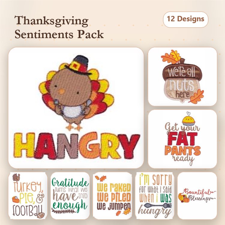 Thanksgiving Sentiment Embroidery Designs Bundle – Turkey with Pilgrim Hat, We're All Nuts Here, & More (12 Designs)