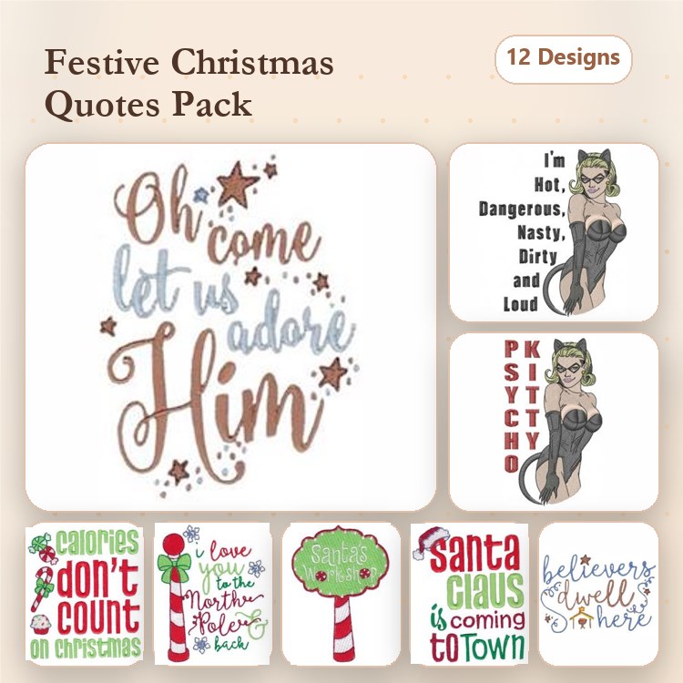 Christmas Quotes Embroidery Designs Bundle – Oh Come Let Us Adore Him, Calories Don't Count on Christmas, & More (12 Designs)