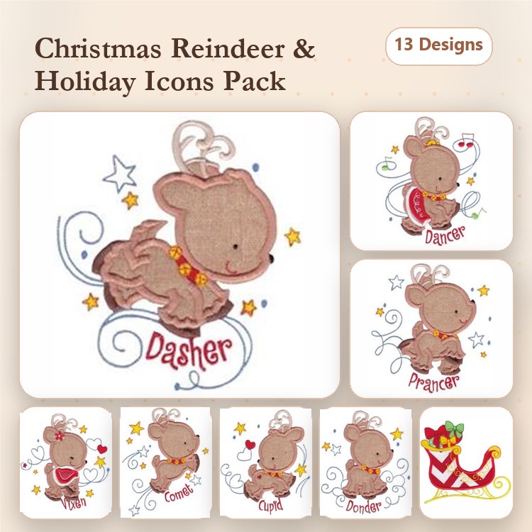 Applique Christmas Reindeer Embroidery Bundle – Dasher, Prancer, Rudolph & More (13 Designs)