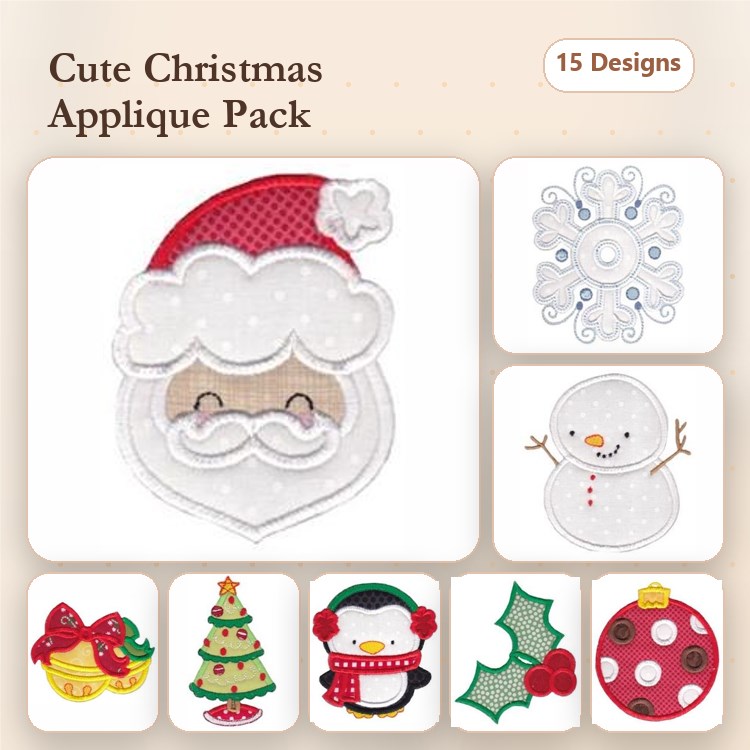 Applique Cute Christmas Embroidery Designs Bundle – Santa Face, Snowman, Christmas Tree & More (15 Designs)