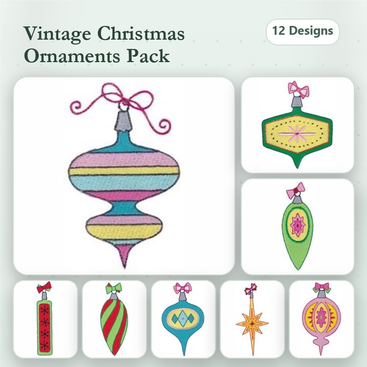Vintage Christmas Ornaments Embroidery Designs Bundle – Spiral, Hexagon, Teardrop & More (12 Designs)