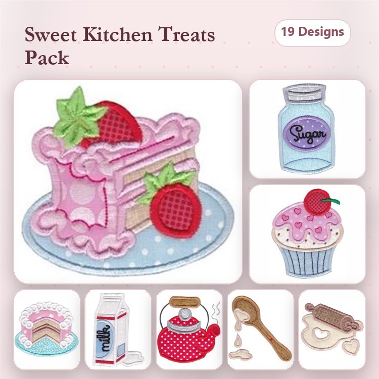Applique Kitchen and Dessert Embroidery Bundle – Layered Cake, Cupcake, Sugar Jar & More (19 Designs)