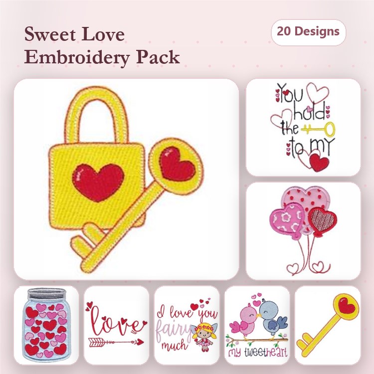 Love and Romance Embroidery Bundle – Heart Key and Lock, Love Hearts Jar, Balloon Bouquet & More (20 Designs)