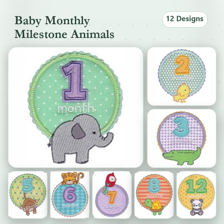 Applique Baby Monthly Milestone Animals Embroidery Bundle – 1 Month Elephant, 2 Month Chick, 3 Month Alligator & More (12 Designs)