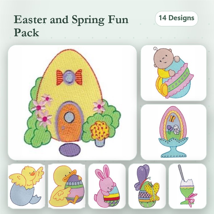 Easter & Spring Embroidery Designs Bundle – Colorful Easter Egg House, Baby Chick, Bunny & More (14 Designs)