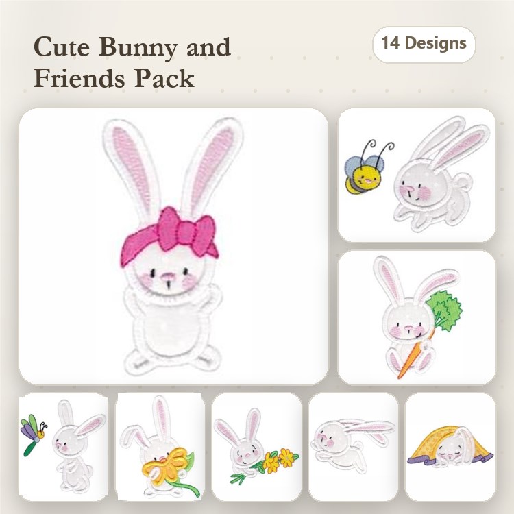 Applique Cute Bunny Embroidery Bundle – Bunny with Bow, Bunny Eating Carrot, Bunny with Gift & More (14 Designs)