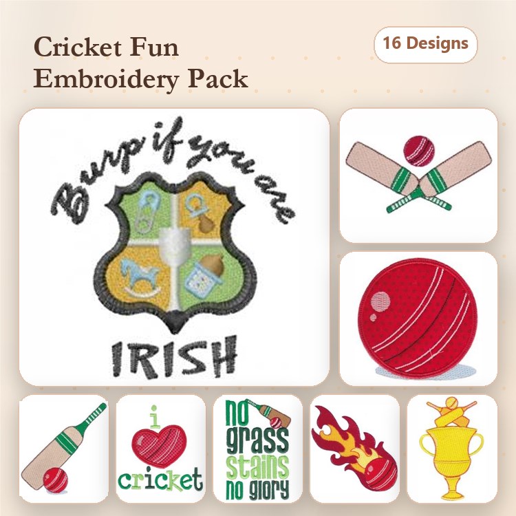 Cricket Embroidery Designs Bundle – I Love Cricket, Cricket Bat and Ball, Cricket Trophy & More (16 Designs)