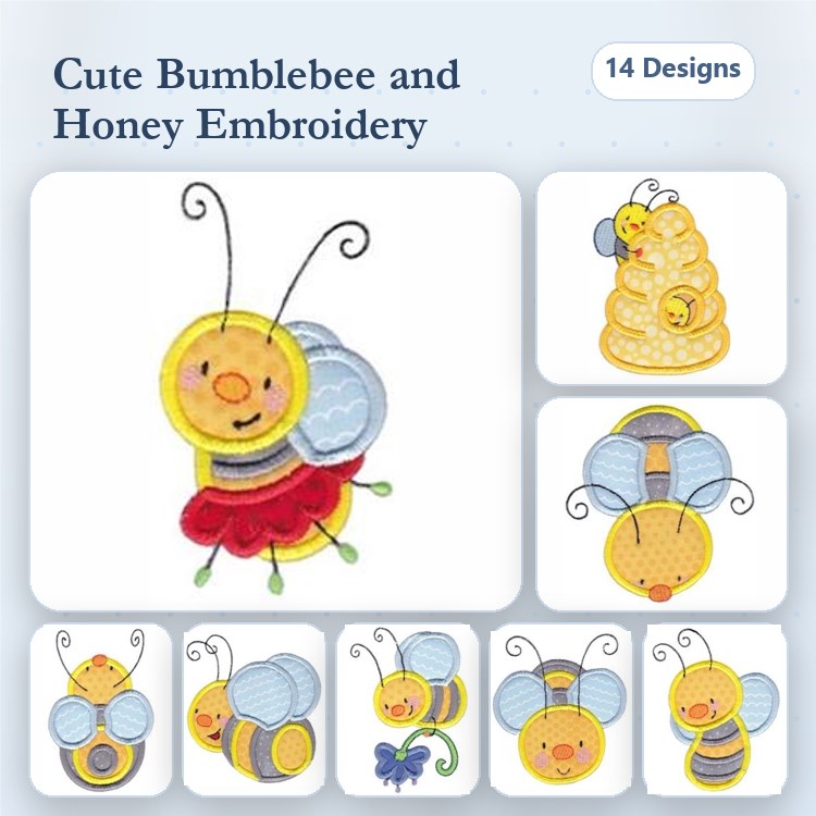 Applique Bumblebee & Honey Embroidery Bundle – Bumblebee with Flowers, Honeycomb, Bumblebee Face & More (14 Designs)
