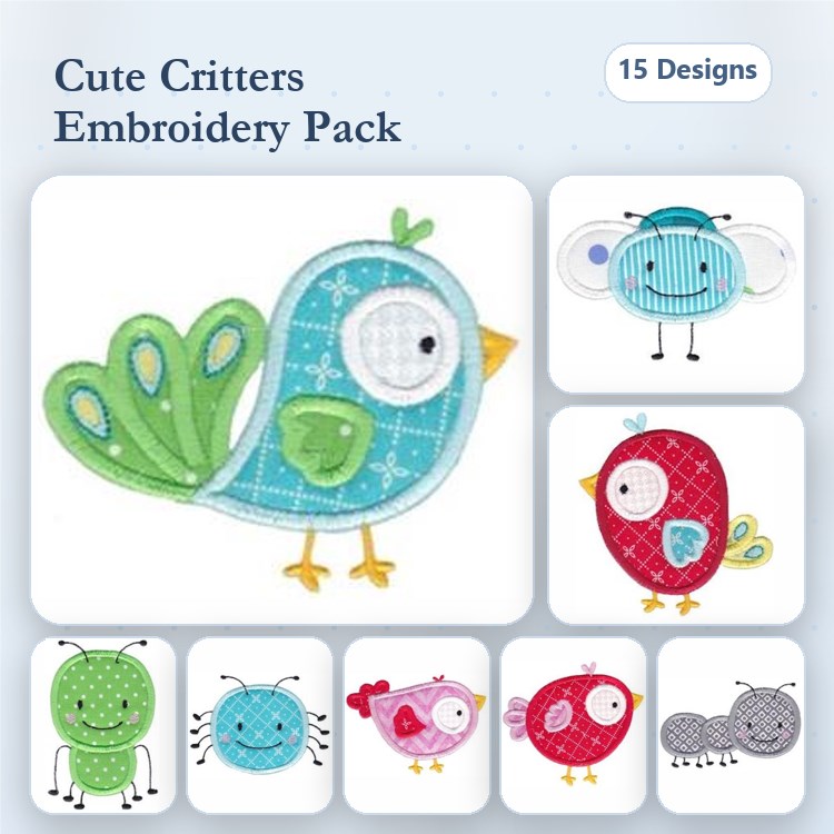 Applique Cute Critter Animals Embroidery Designs Bundle – Blue Bird with Green Tail, Red Bird, & More (15 Designs)