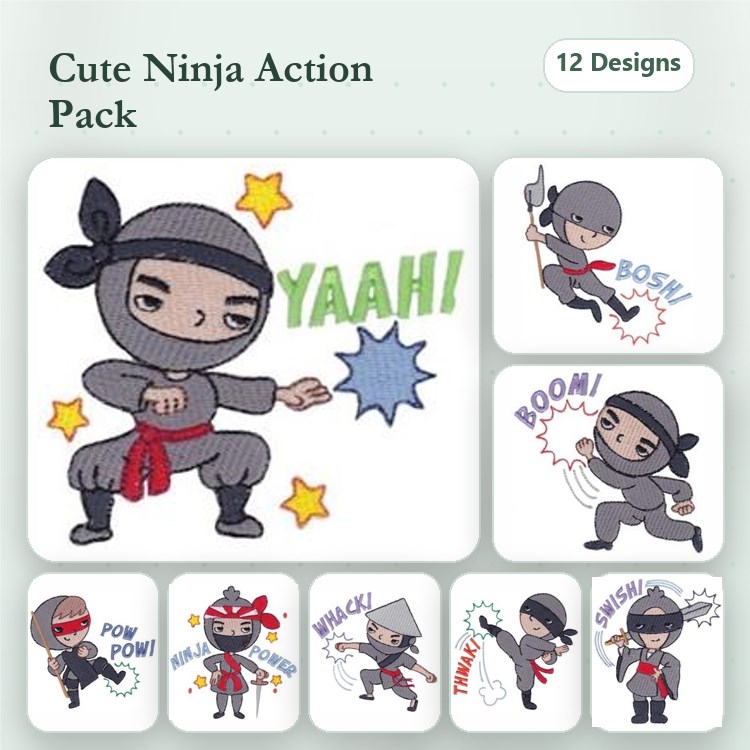 Cute Ninja Characters Embroidery Bundle – Ninja with Stars, Ninja with Scream, Ninja with Action Words & More (12 Designs)