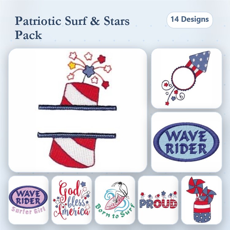 Patriotic Surf Themes Embroidery Designs Bundle – Patriotic Cake with Stars, Red White and Blue Rocket, WAVE RIDER Text & More (14 Designs)