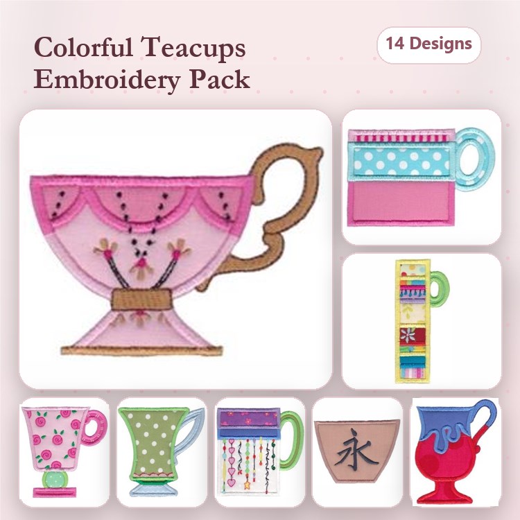 Applique Colorful Teacups Embroidery Designs Bundle – Pink Teacup, Green Teacup with Dots, Blue Teacup & More (14 Designs)