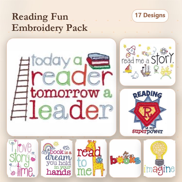 Reading & Literacy Embroidery Designs Bundle – Today a Reader Tomorrow a Leader, Reading is My Superpower, & More (17 Designs)