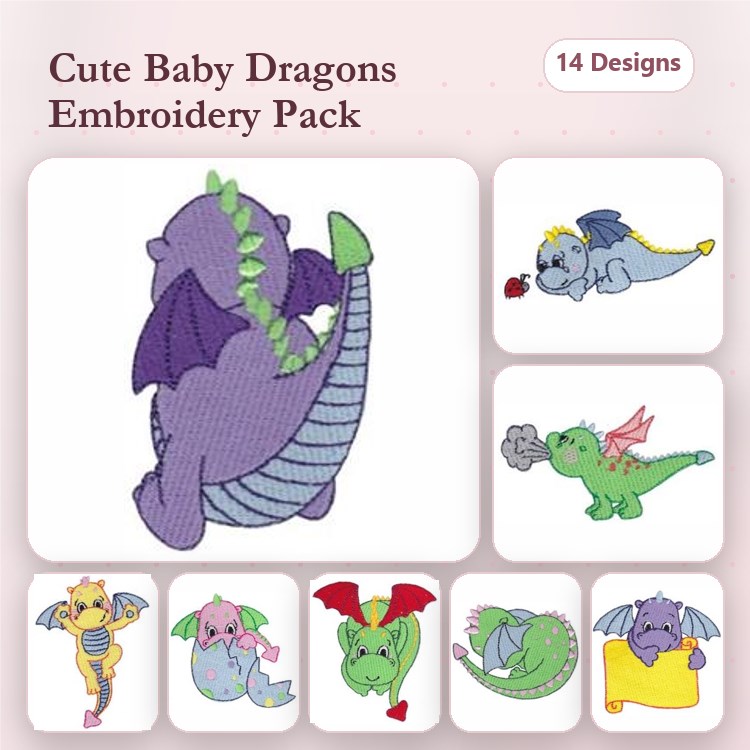 Cute Baby Dragons Embroidery Bundle – Purple, Green, Pink, Red & More (14 Designs)