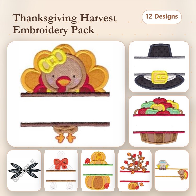 Applique Thanksgiving Harvest Embroidery Designs Bundle – Turkey with Bow, Pilgrim Hat, Harvest Basket & More (12 Designs)