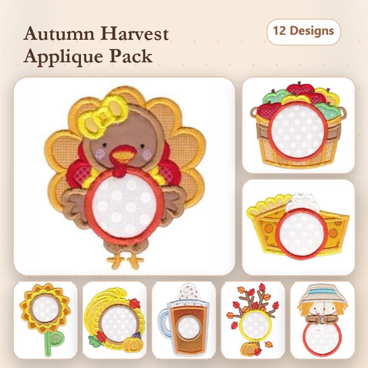 Applique Autumn Harvest Embroidery Bundle – Turkey, Pumpkin Basket, Fall Floral & More (12 Designs)