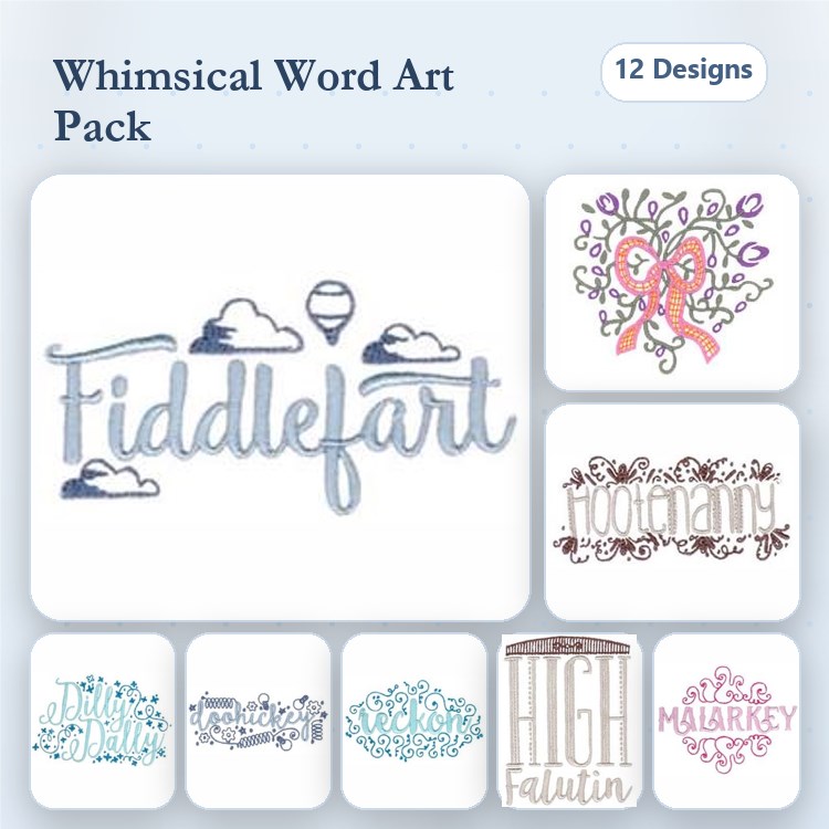 Whimsical Word Art Embroidery Designs Bundle – Fiddlefart, Hot Air Balloon, Flower Bouquet with Ribbon & More (12 Designs)