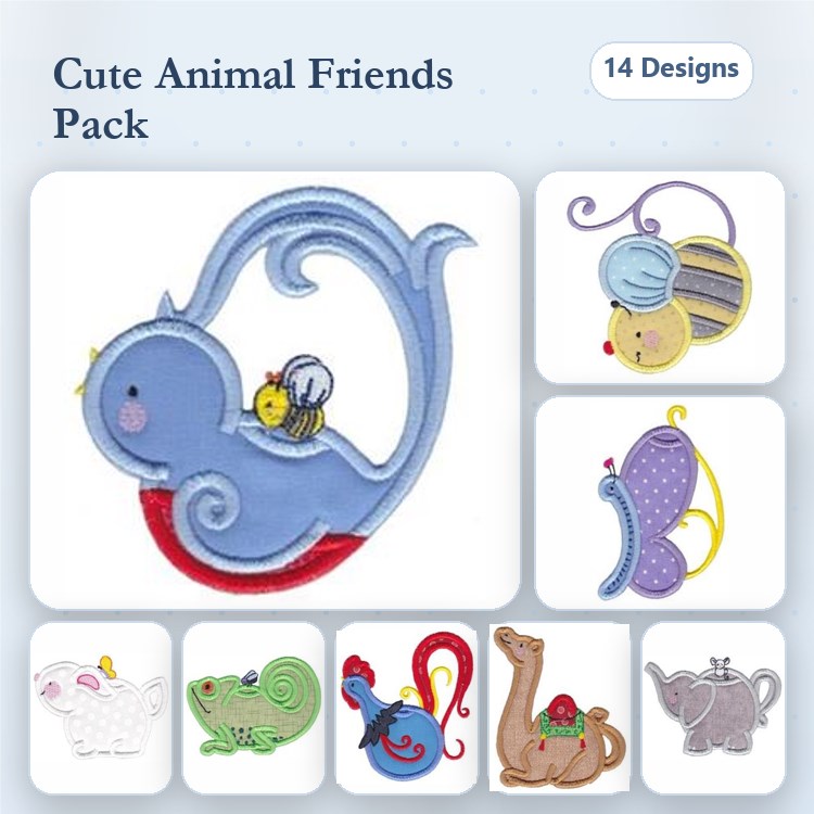 Applique Cute Animal Embroidery Bundle – Whale with Bee, Ladybug, Butterfly & More (14 Designs)