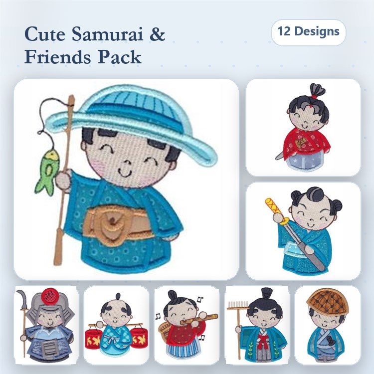 Applique Cute Samurai Characters Embroidery Bundle – Samurai Boy, Girl in Kimono, Samurai Warrior & More (12 Designs)
