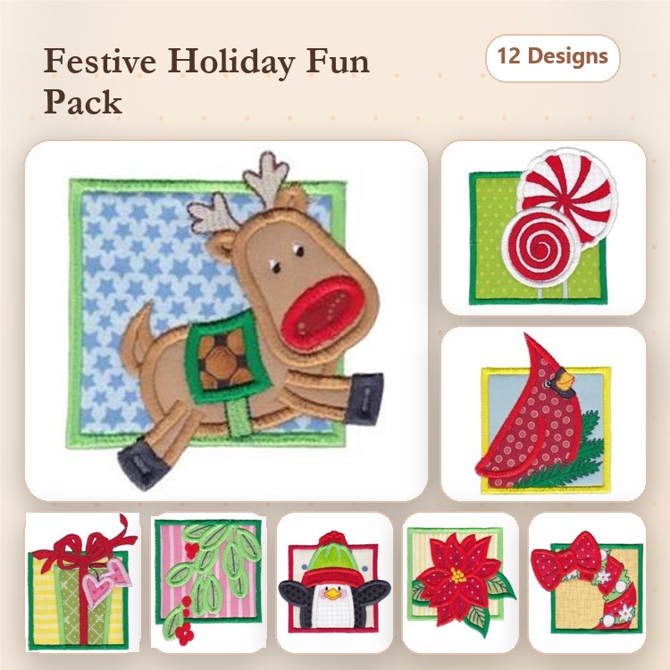 Applique Festive Holiday Embroidery Designs Bundle – Reindeer with Present, Candy Cane, Cardinal Bird & More (12 Designs)