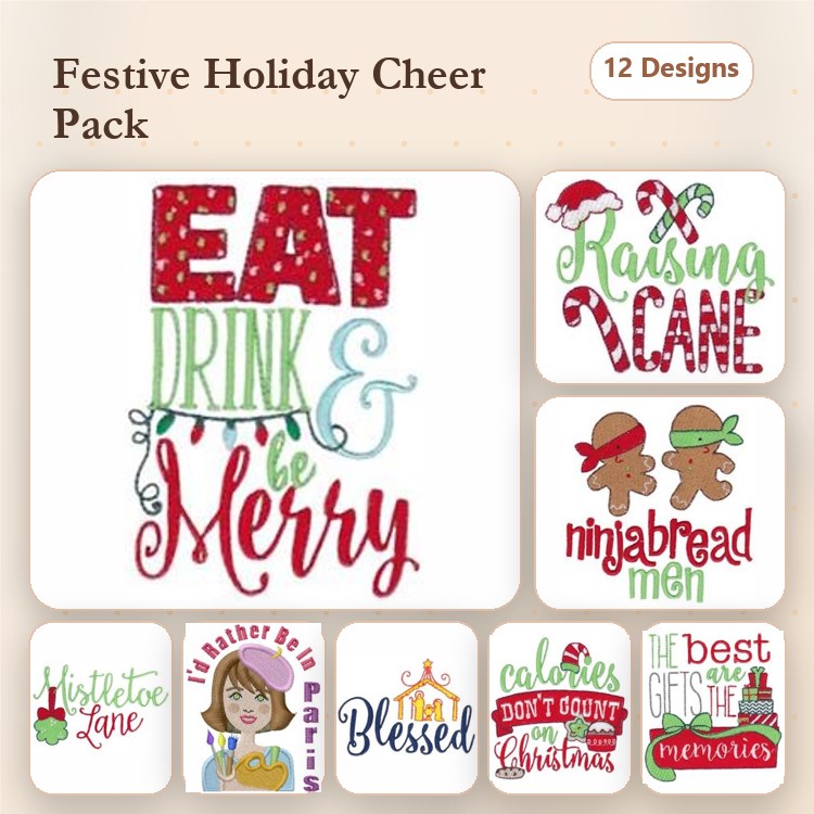 Redwork Festive Holiday Embroidery Designs Bundle – Eat Drink & Be Merry, Ninjabread Men, Raising Cane & More (12 Designs)