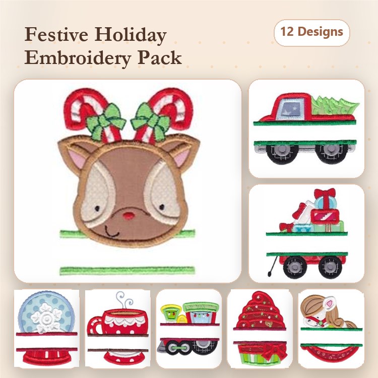 Applique Festive Holiday Embroidery Designs Bundle – Reindeer Head, Christmas Truck, Gift Box & More (12 Designs)
