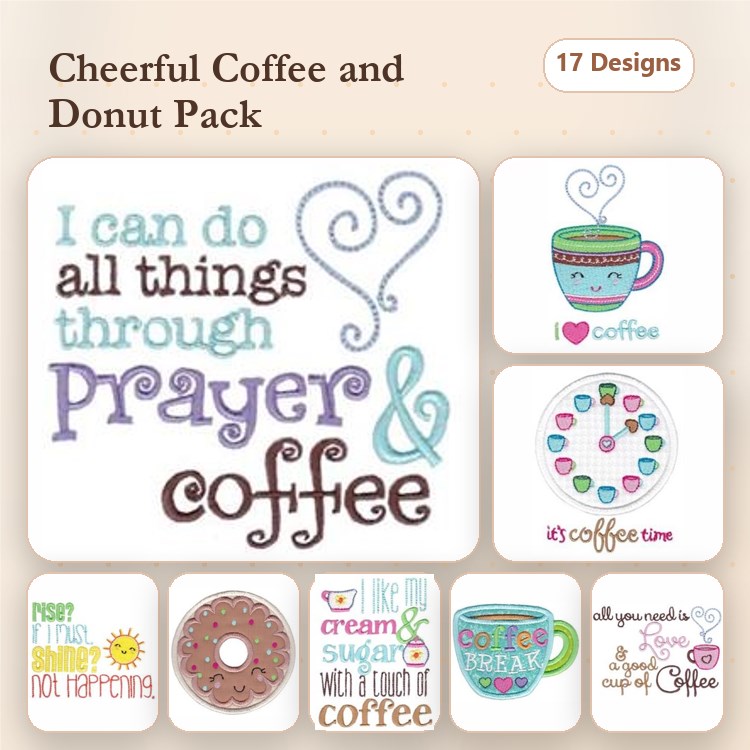 Coffee & Donuts Embroidery Designs Bundle – Cheerful Quotes, Colorful Donuts, Coffee Cups & More (17 Designs)