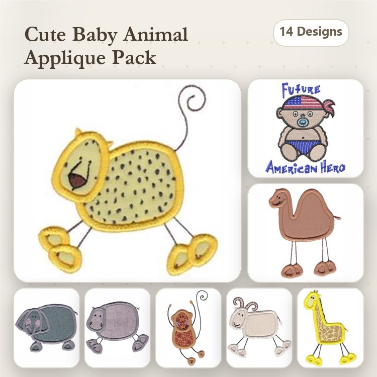 Applique Cute Baby Animal Embroidery Bundle – Lion, Bear, Camel, Rabbit & More (14 Designs)