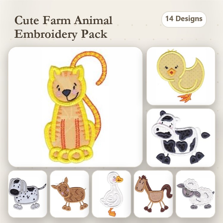 Farm Animal Embroidery Bundle – Chick, Cow, Dog & More (14 Designs)