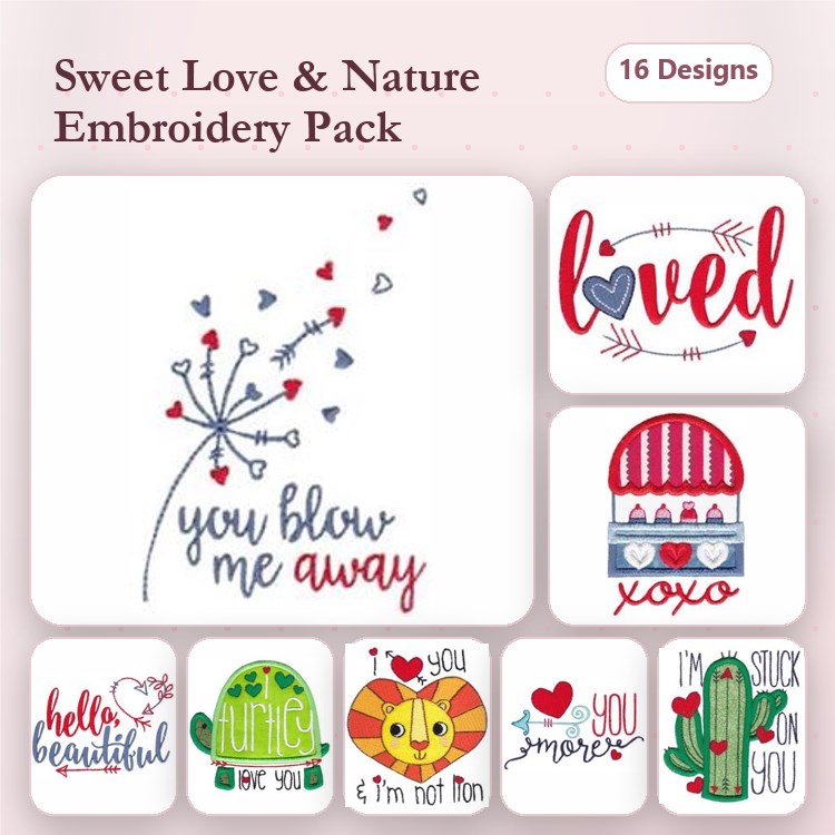 Love & Nature Embroidery Designs Bundle – Cactus Love, Lion with Heart, Love Balloon & More (16 Designs)