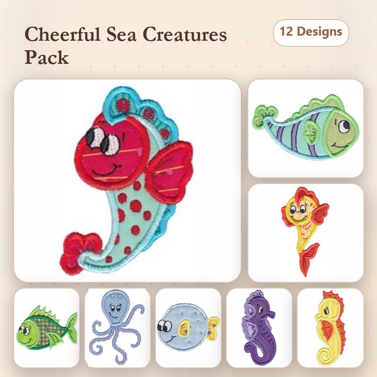 Cheerful Sea Creatures Embroidery Designs Bundle – Red Fish with Polka Dots, Green Stripe Fish, Blue Octopus & More (12 Designs)