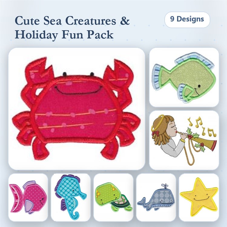 Applique Sea Creatures Embroidery Bundle – Crab, Fish, Girl Playing Trumpet & More (9 Designs)