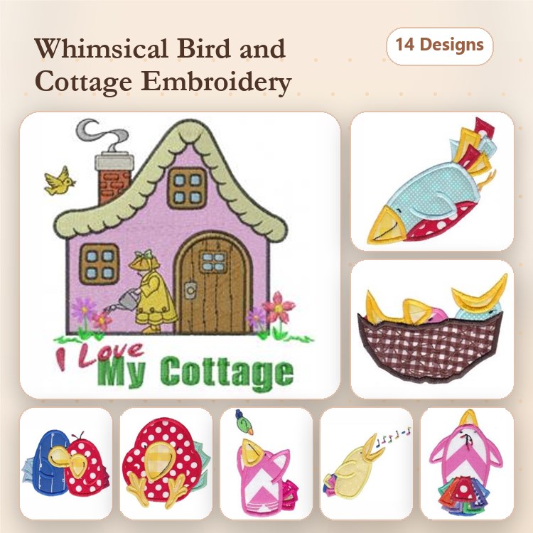 Applique Whimsical Birds & Cottage Embroidery Designs Bundle – Cottage with Chicken, Bird with Flower, Ice Cream Cone & More (14 Designs)