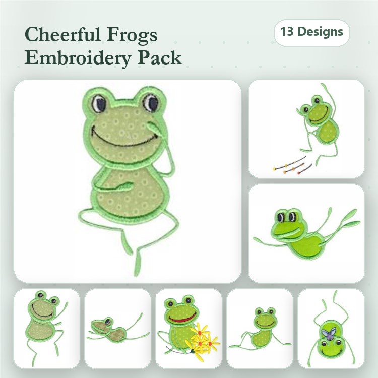 Applique Cheerful Frogs Embroidery Designs Bundle – Happy Frog, Jumping Frog, Frog with Flowers & More (13 Designs)