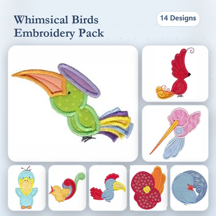 Applique Whimsical Birds Embroidery Designs Bundle – Green Bird with Hat, Cardinal Bird, Pink Bird with Tool & More (14 Designs)