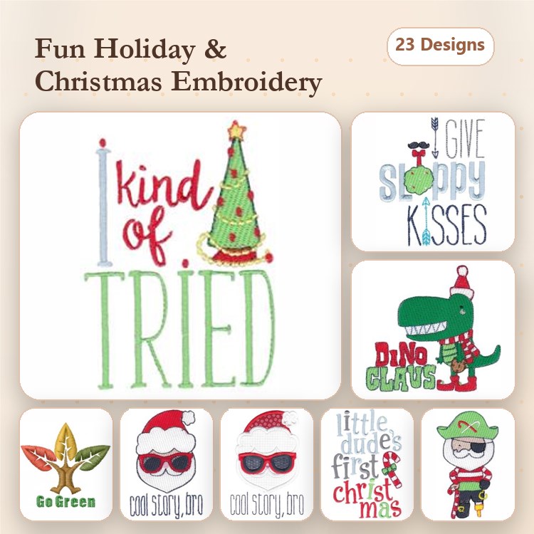 Christmas Characters Embroidery Designs Bundle – Dino Claus, Christmas Tree, Give Sloppy Kisses & More (23 Designs)